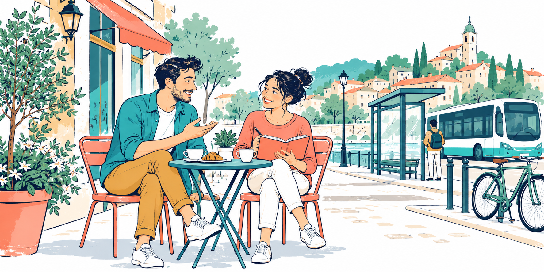 Dos personas conversando y aprendiendo en una cafetería